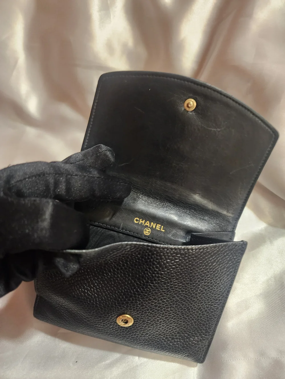 CHANEL Black Caviar Leather Trifold Wallet